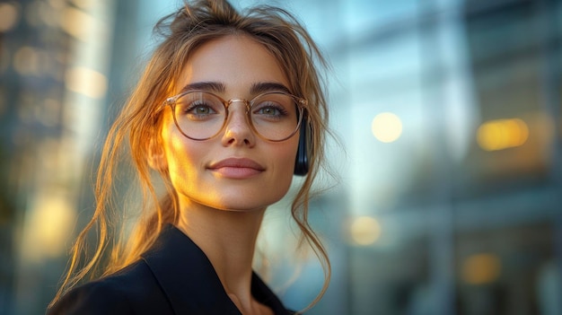 Photo confident businesswoman with glasses looking at camera