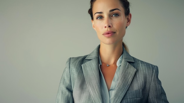 Confident businesswoman with tablet in pinstripe suit