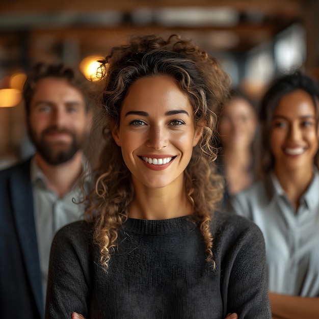 Confident businesswoman with team in background