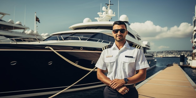 Confident captain standing in front of a luxury yacht The captain exudes a sense of professionalism and expertise with the impressive yacht in the background AI Generative AI