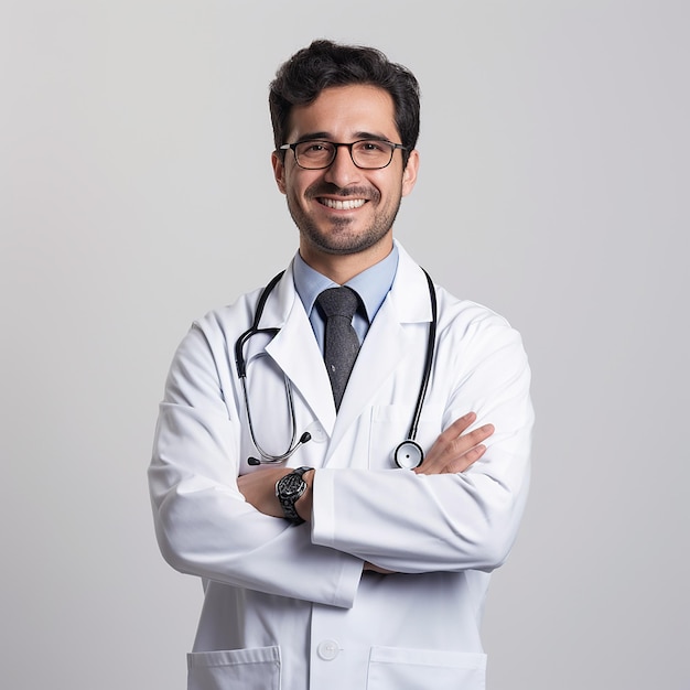 Confident Care Smiling Mexican Doctor 30 Years Old Arms Crossed