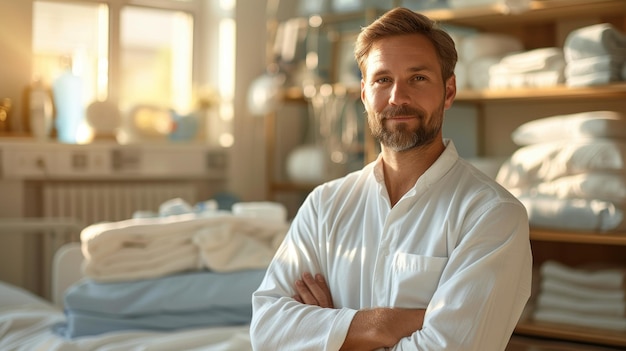 Confident Caretaker Standing in Linen Room Smiling