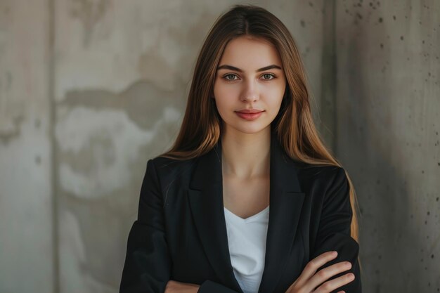 Confident caucasian businesswoman with arms crossed in contemporary office environment