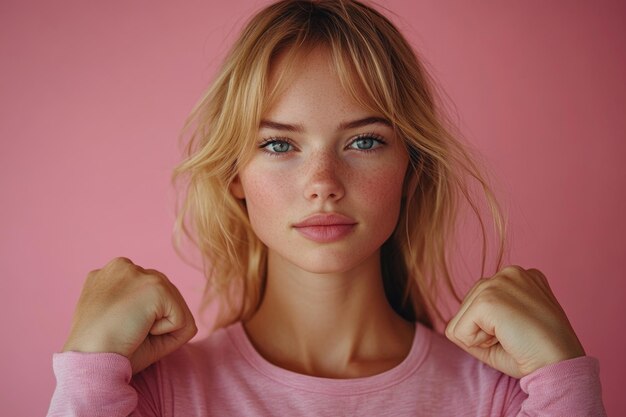 Photo confident caucasian woman flexing muscles embracing strength and empowerment on pink background