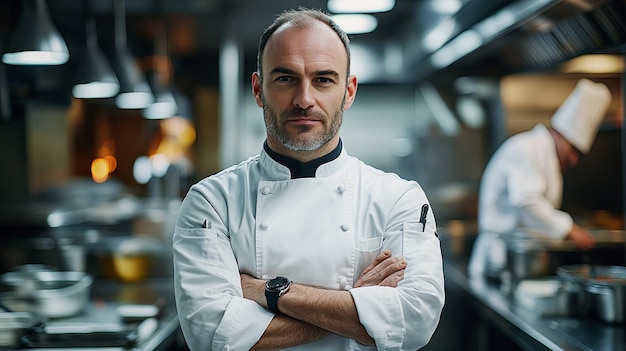 Photo confident chef standing in a restaurant kitchen