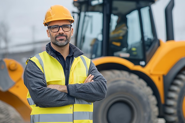 Confident construction worker in hard hat and safety vest standing in front of an excavator