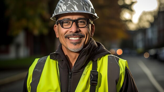 Confident Construction Worker in Reflective Vest and Hard Hat at Construction Site for Stock Photo