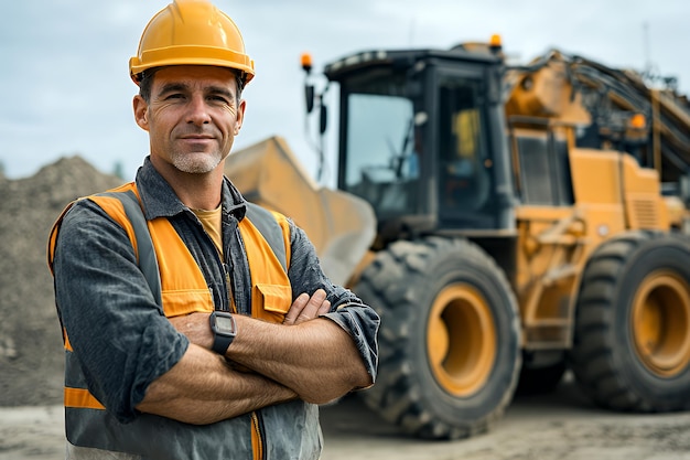 Confident construction worker standing with arms crossed in front of a large yellow excavator