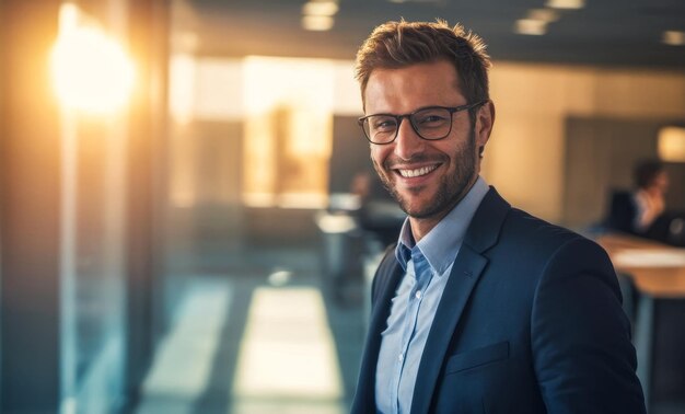 Photo confident corporate manager in office at sunset successful professional ending workday with satisfaction business person in suit at golden hour tranquil moment for accomplished career individual