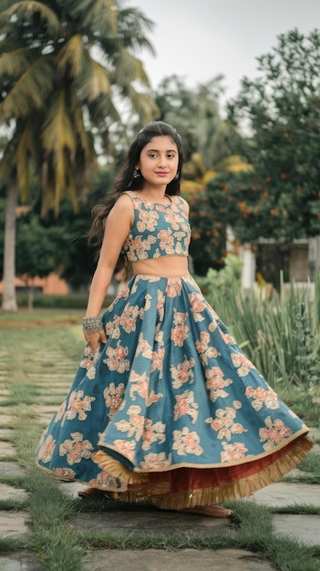 Photo confident cute girl landscape in garden wearing desi dress for fashion photoshoot