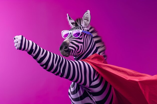 Photo confident and daring zebra superhero with stylish glasses strikes a dynamic pose in a vivid pink setting exuding quirky charm