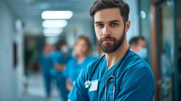 Photo confident doctor in a hospital corridor