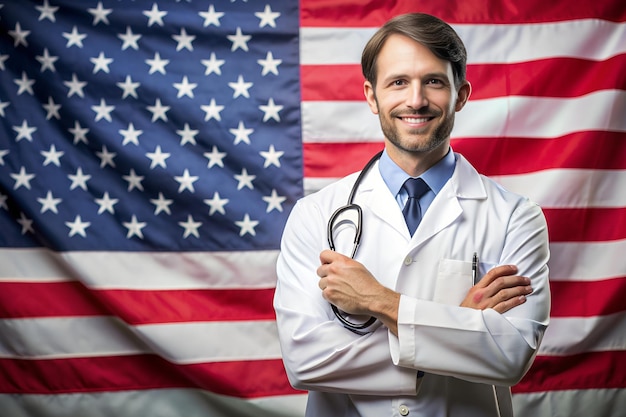 Confident doctor standing with stethoscope in front of USA flag generated Ai