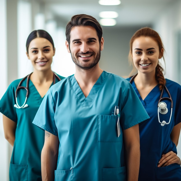 Confident doctors in white coats standing with hands in pockets