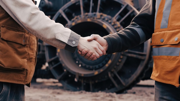 Confident engineer in hardhat shaking hands with partner on construction site Generative AI