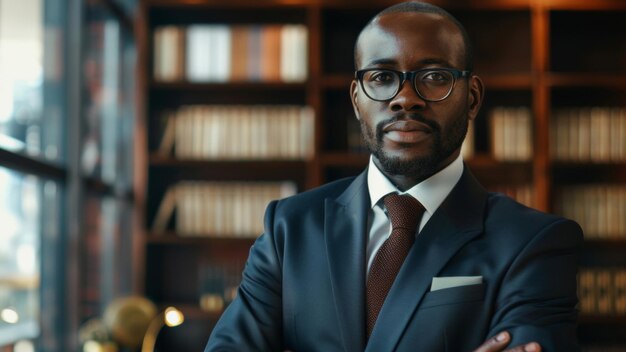 Confident entrepreneur poses assertively against a bookfilled backdrop