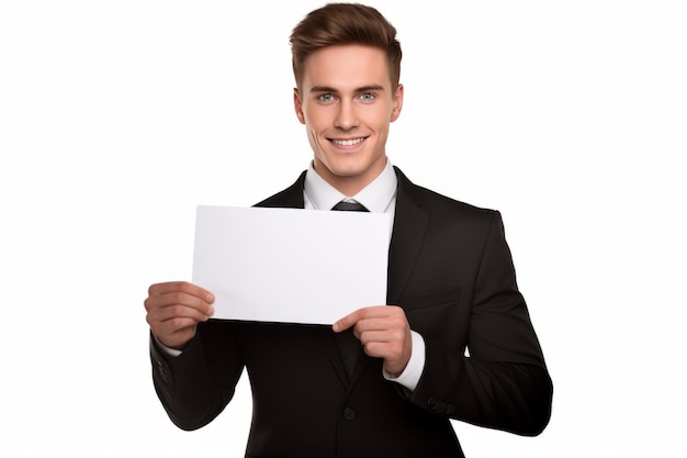 The Confident Entrepreneur A Young Smiling Businessman in a Black Suit Holding a Large Blank Slate