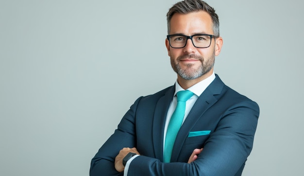 Photo confident executive with folded arms on white background