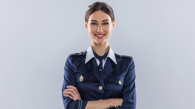 Photo confident female airline pilot in uniform with arms crossed against light background