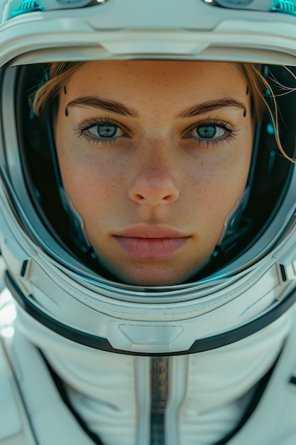 Confident Female Astronaut in White Space Helmet Gazing Intently Portrait of Modern Space Explorer