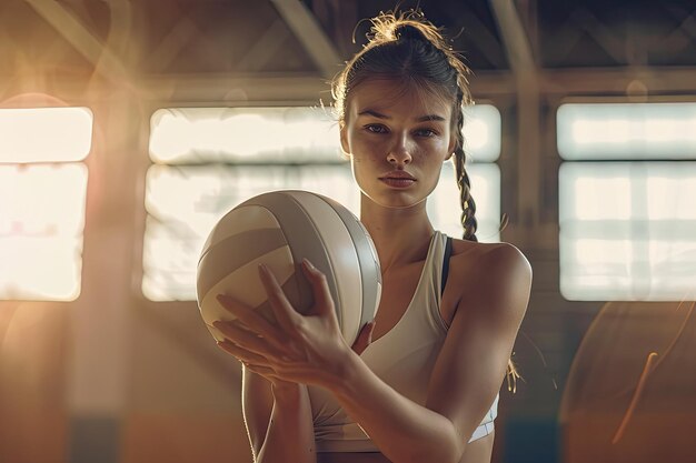 Confident Female Athlete Holding Volleyball in Gym