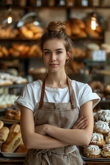 A confident female baker with folded arms standing proudly in front of a display of fresh bakery