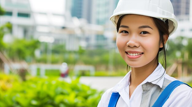 Confident female builder in uniform and safety helmet smiling with copy space labour day concept