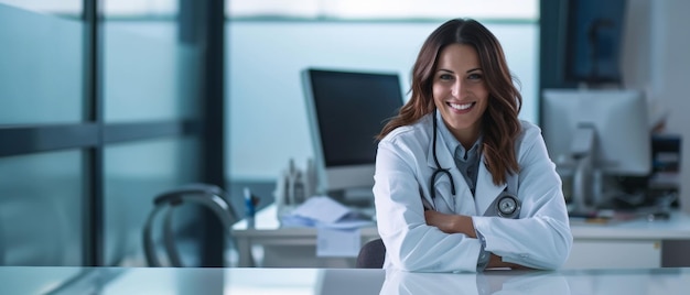 Confident female doctor smiles warmly her expertise and compassion evident in her professional environment