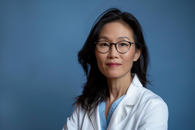 A confident female doctor wearing a professional uniform and stethoscope stands against a blue