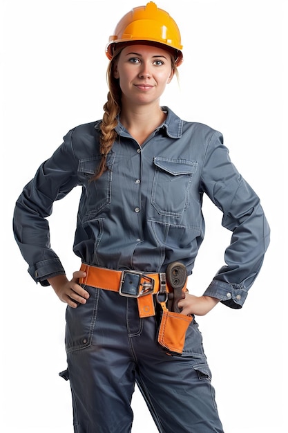 Confident Female Engineer or construction worker with Hard Hat and Tool Belt on white background