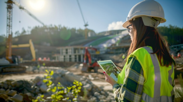 Confident Female Engineer Leads EcoFriendly Construction Project Under Sunny Skies