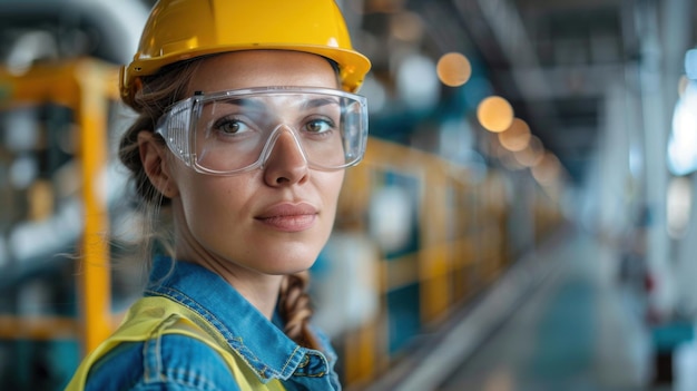 Confident female engineer wearing a hard hat and safety glasses standing in a factory environment with machinery