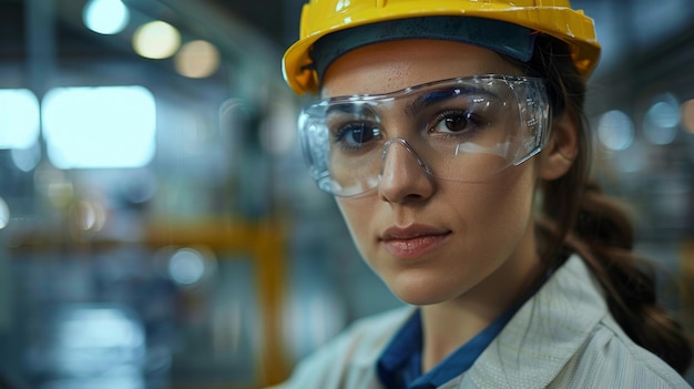 Photo confident female engineer wearing a safety helmet and protective goggles looks intently at the