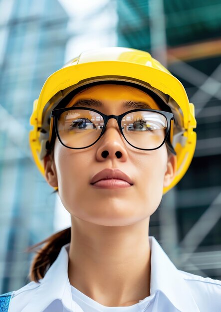 Confident female engineer wearing yellow hard hat and glasses standing outside at a construction