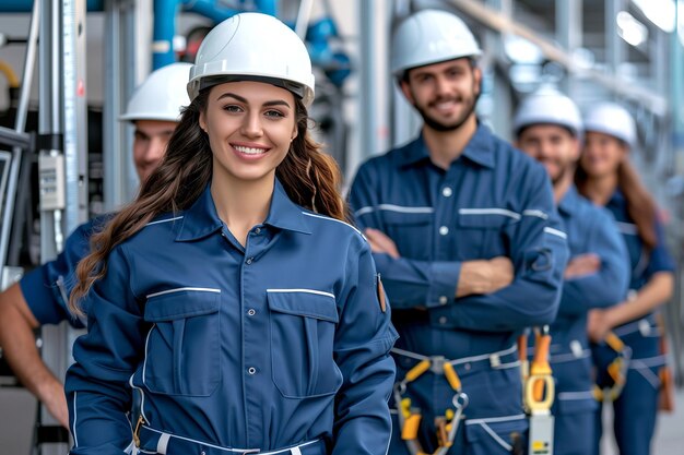 Confident Female Engineer with workwear and hardhat Leading Team of Workers at Industrial Plant