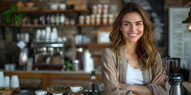 Confident female entrepreneur running a coffee shop with a smile and arms crossed Concept Female Entrepreneur Coffee Shop Confident Pose Smiling Expression Arms Crossed