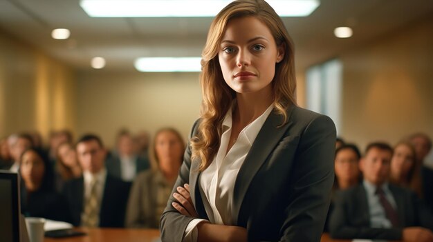 Confident female executive carefully focused on audience on presentation slide