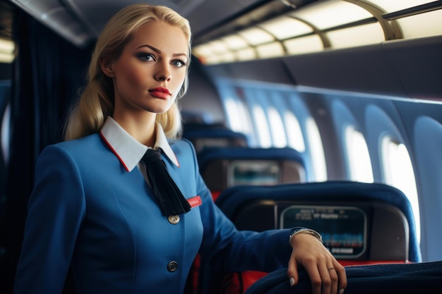 Photo confident female flight attendant inside aircraft