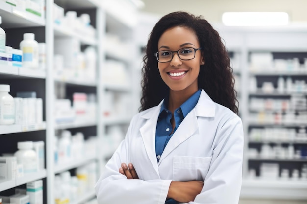 Confident female pharmacist with a warm smile and a reassuring demeanor explaining medication