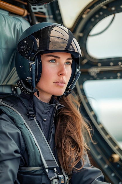 Confident Female Pilot in Cockpit with Helmet Poised Professional Aviator Portrait of Determined