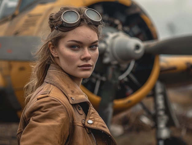 Confident female pilot in vintage aviation gear standing in front of a classic airplane