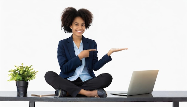 Confident Female Professional with Laptop Presenting Idea