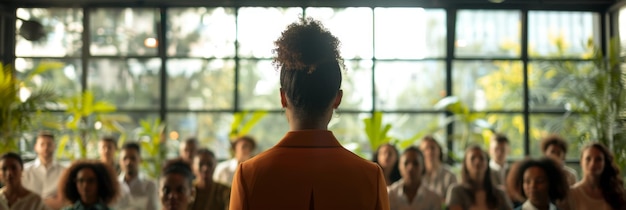 Photo a confident female speaker stands before a diverse group of people facing them with a strong a