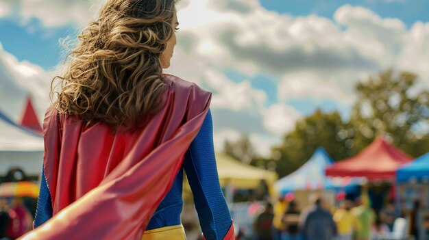 Confident Female Superhero at Outdoor Event in Sunglasses