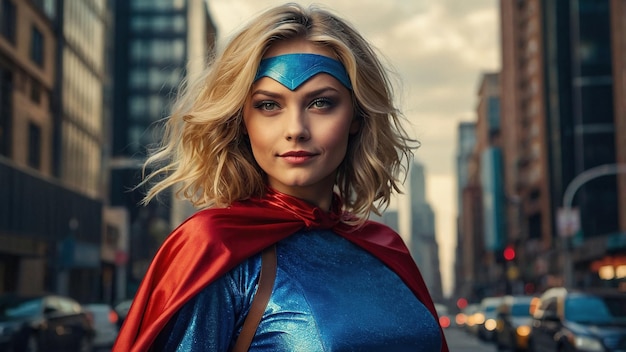 Photo a confident female superhero stands ready for action in a bustling urban setting during golden hour showcasing her vibrant costume and cape