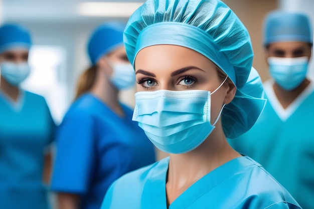 Confident Female Surgeon in Blue Scrubs and Mask in Hospital Operating Room