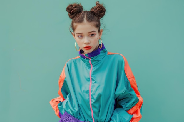 Photo confident girl in 90s fashion with trendy makeup and hair