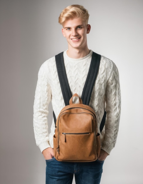 A confident guy with straight blond hair big beautiful gray eyes on white background