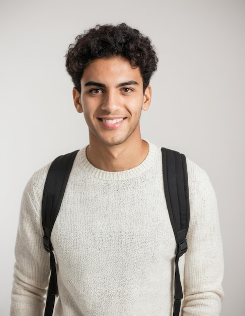 A confident guy with thick black hair intense hazel eyes on white background