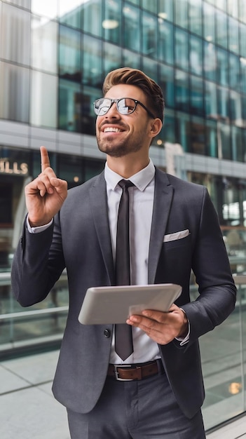 Confident handsome businessman showing logo pointing and looking up at announcement standing over w